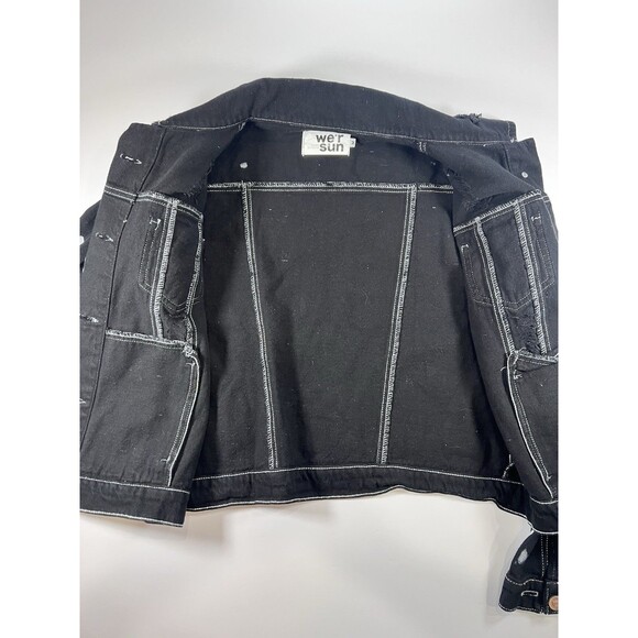Black Jean Jacket Distressed With Graffiti Letters All Over Thrashed We’r Sun M - Picture 6 of 11